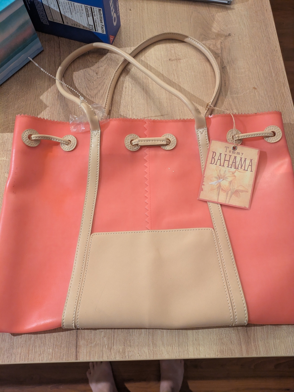 NWT Tommy Bahama Coral Plastic Tote Bag Drawstring Shoulder Bag Water Resistant